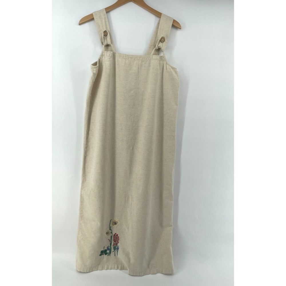 Vtg Overall Jumper Dress M Laganlook  Embroidered 90s Cotton Flax Cottage Retro‎